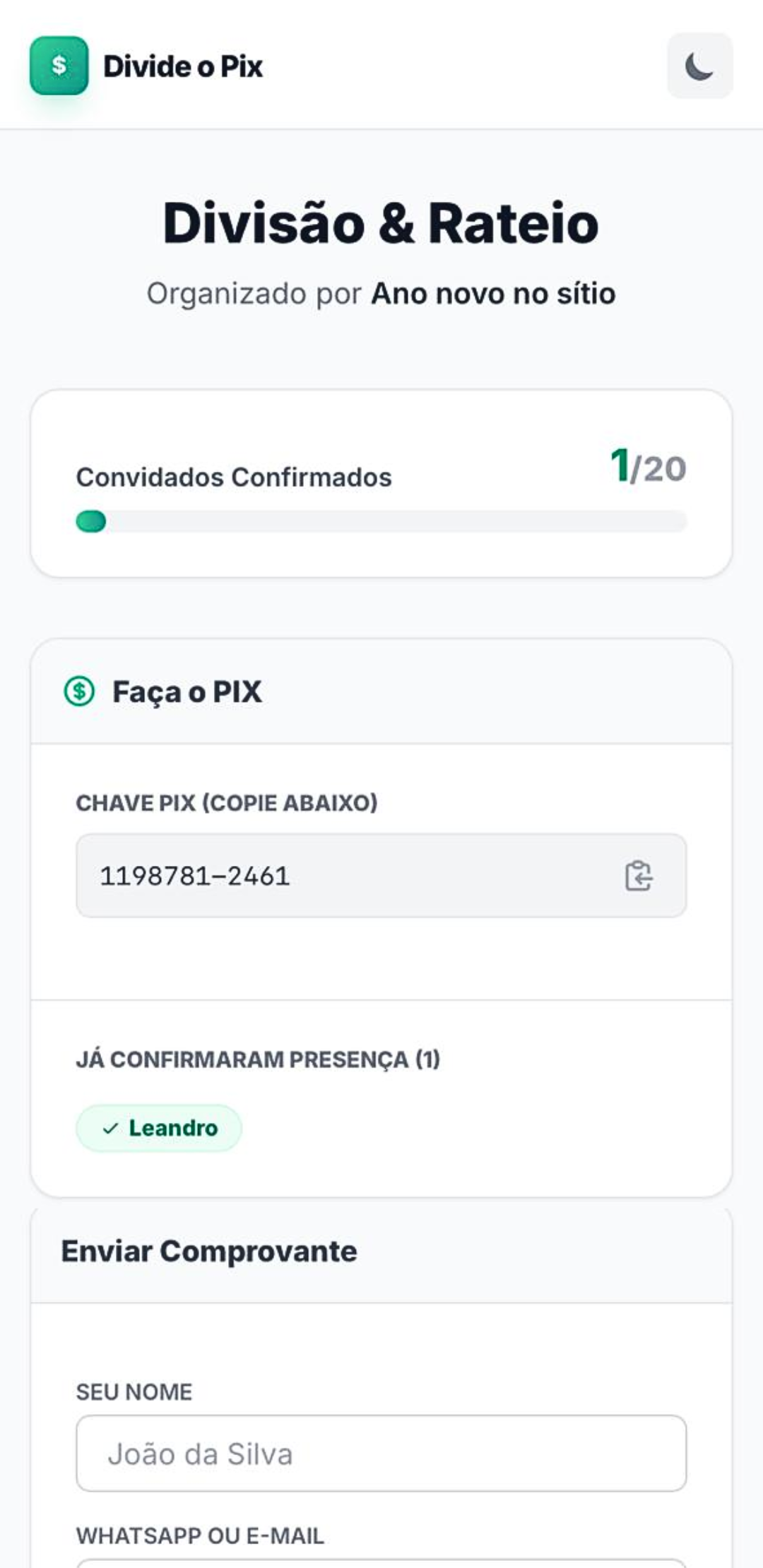 Tela do App Divide o PIX